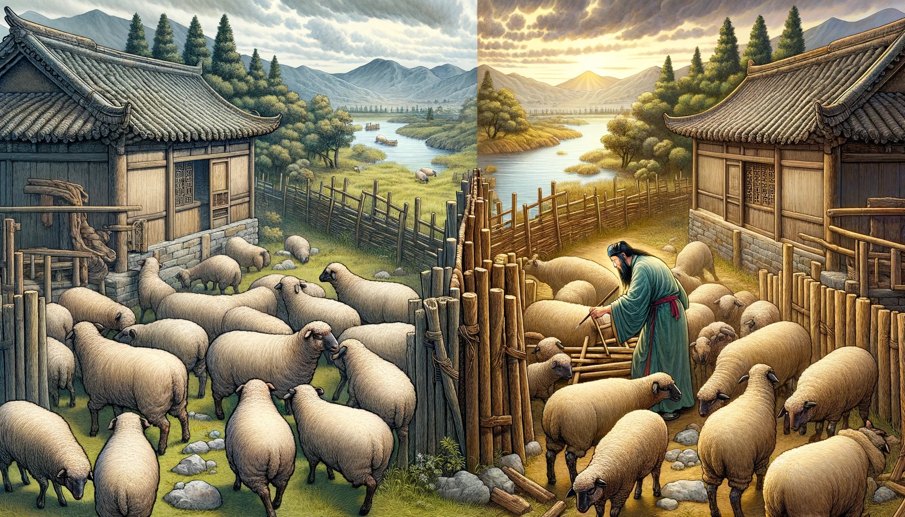 DALLE 2024-02-12 14.31.53 - Create a detailed two-part illustration for the ancient Chinese idiom . The first scene should vividly depict a sheep pen in an ancient Chinese ru.jpg