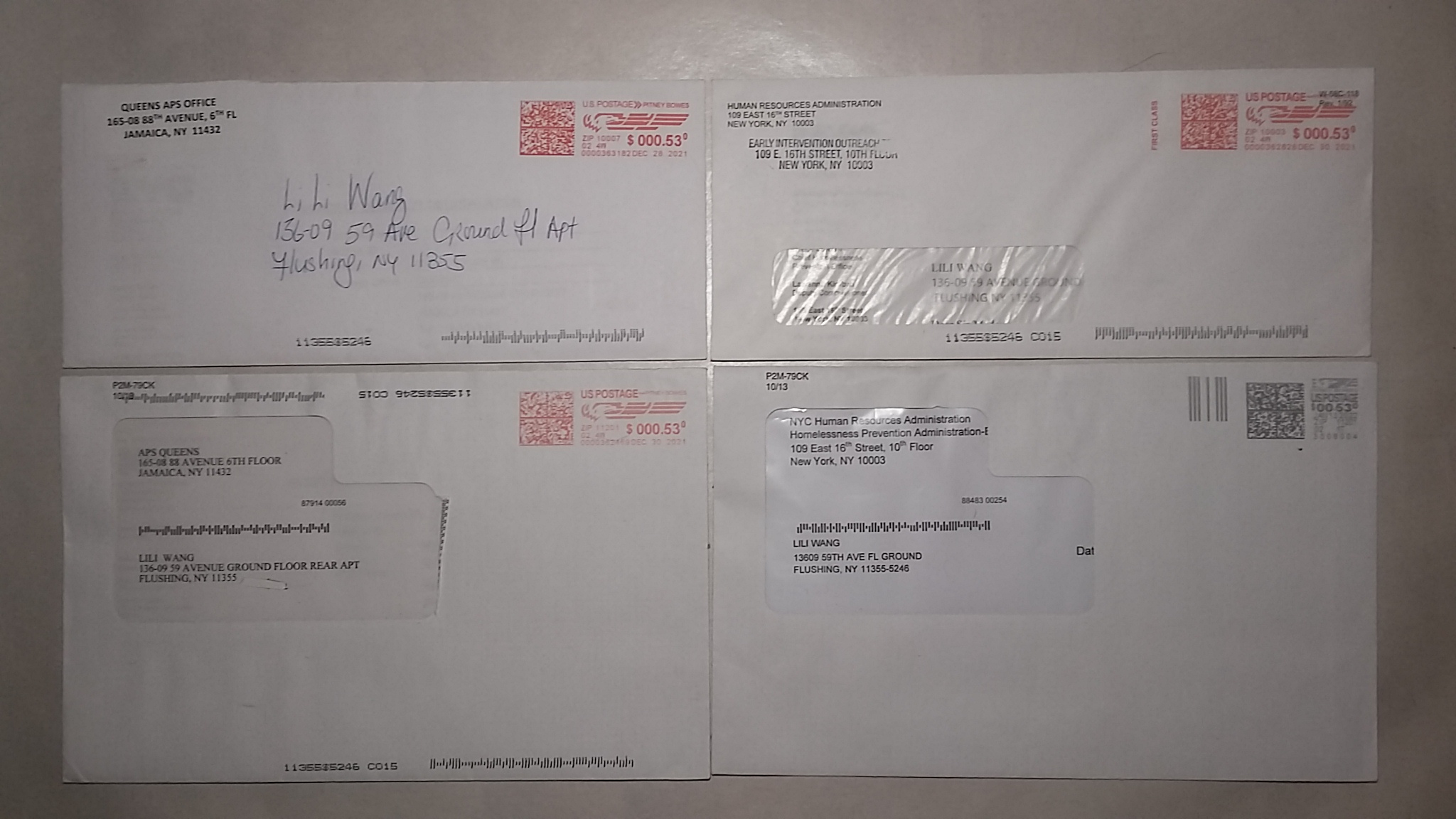 Four postal mails received on Dec 31 Jan 03 07 and 15 from HRA or APS to LILI WANG or Li Li Wang.jpg